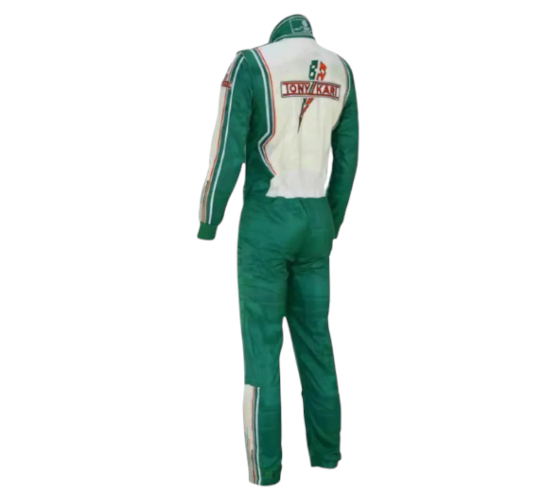 Green racing suit with visible branding on a white background