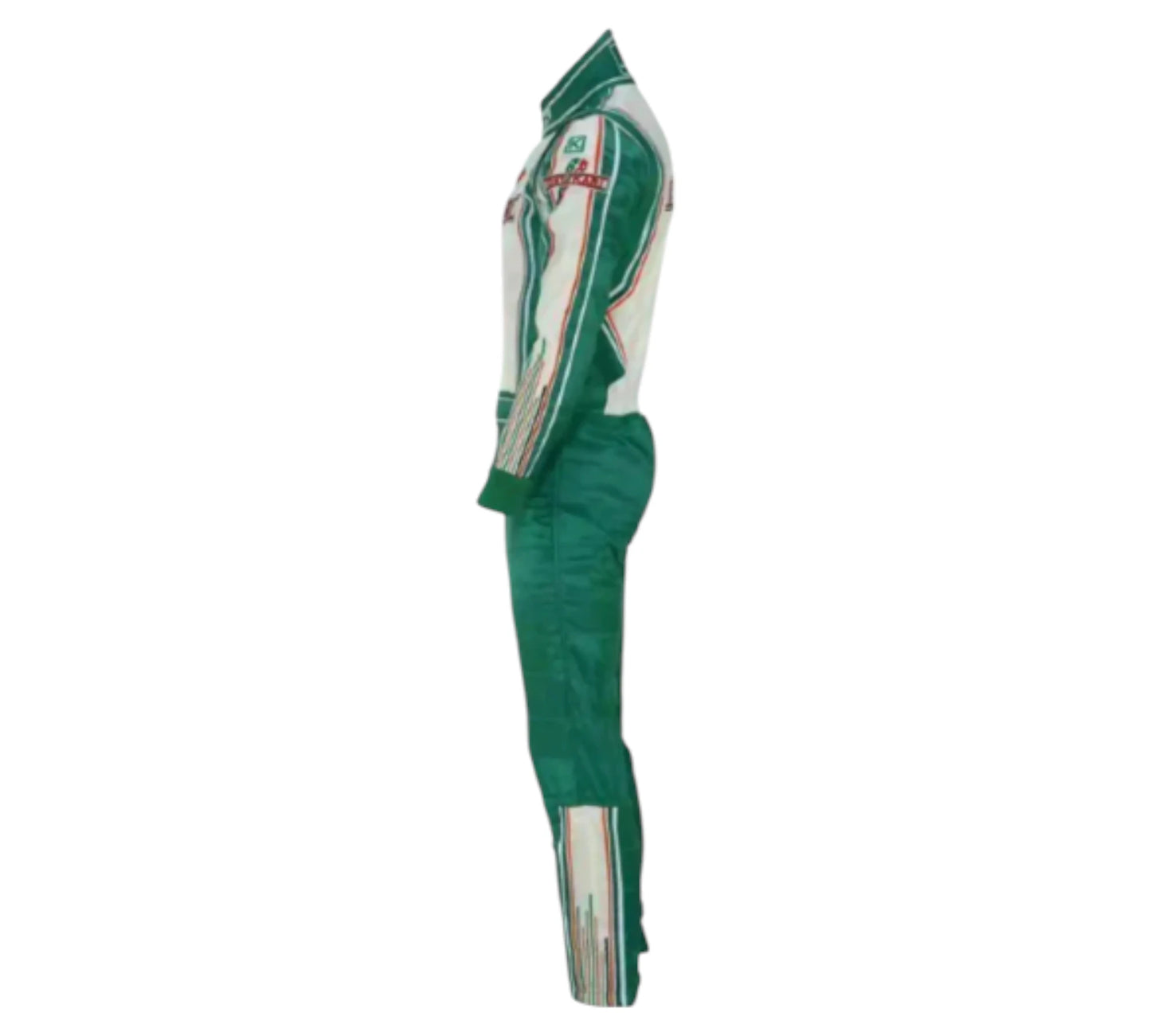 Green and white racing suit on a white background