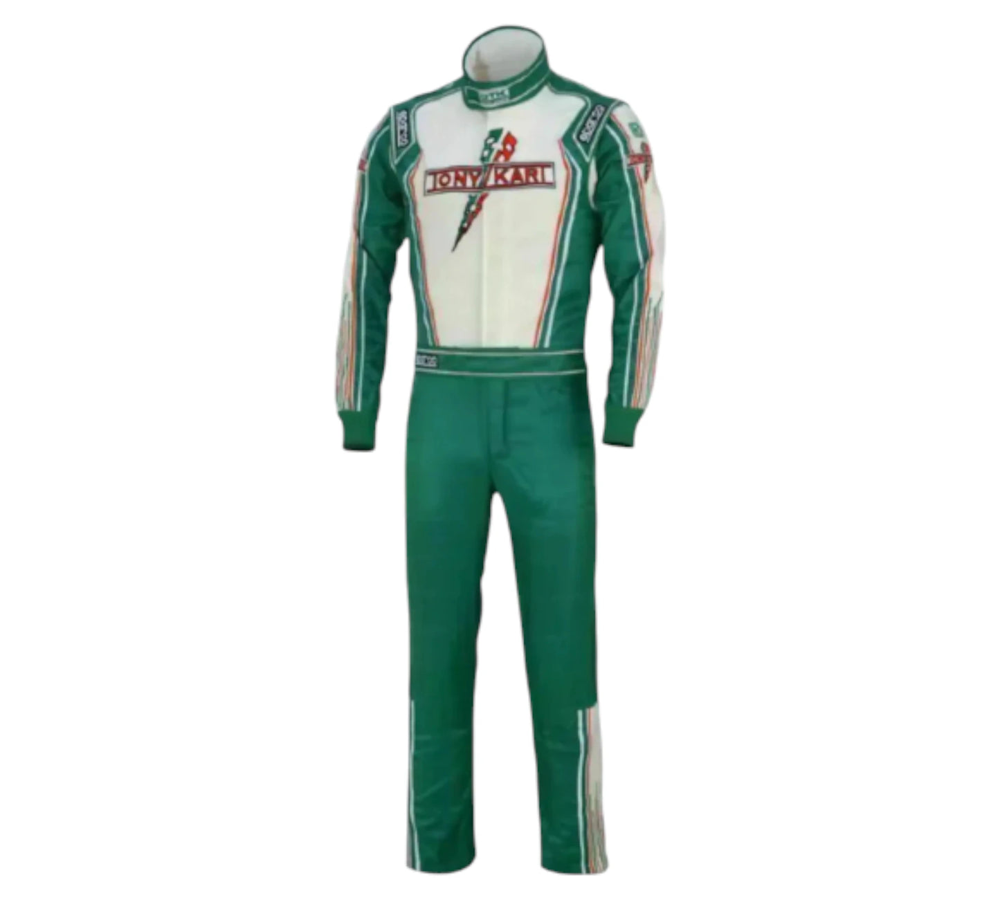 Green and white racing suit with visible branding on a white background