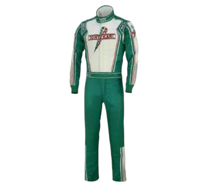 Green and white racing suit with visible branding on a white background