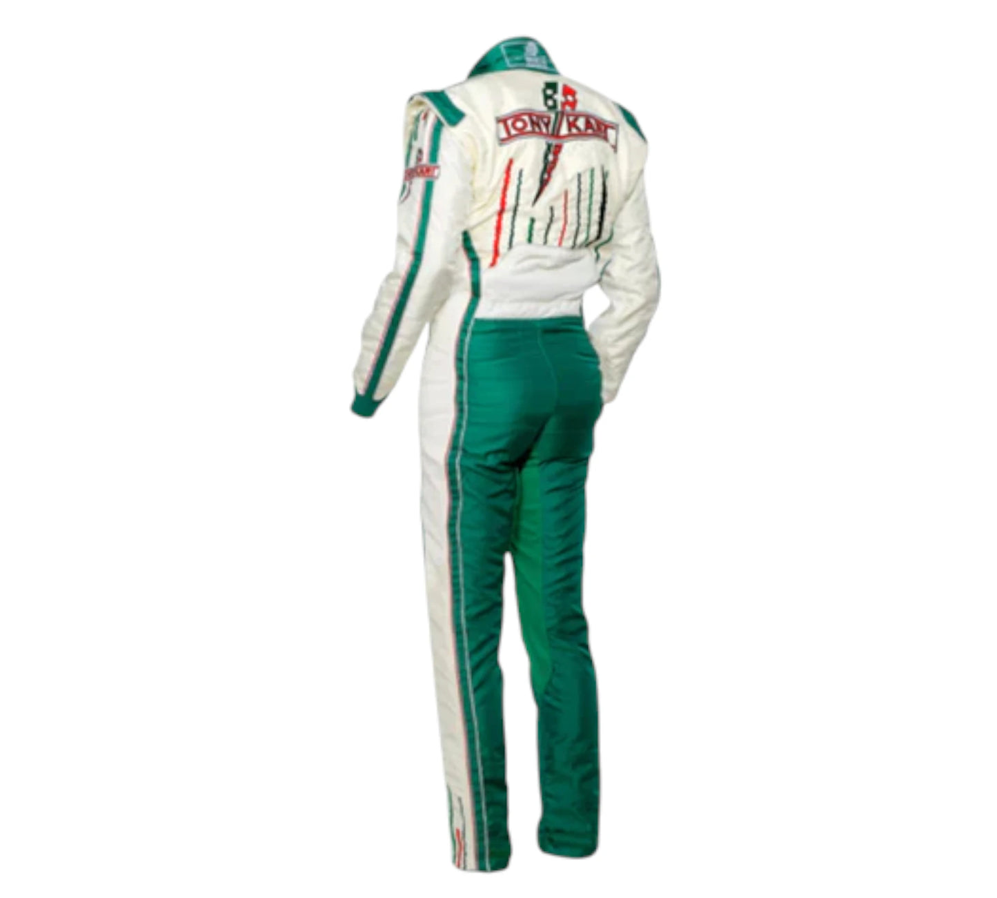 Racing suit with visible branding on a white background