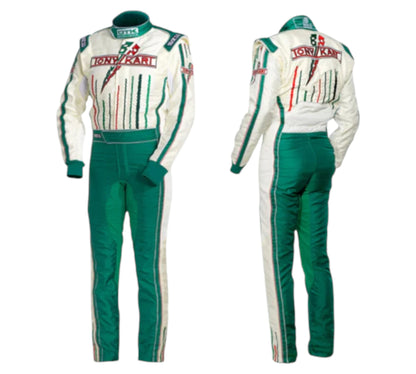 Racing suit with visible branding on a white background