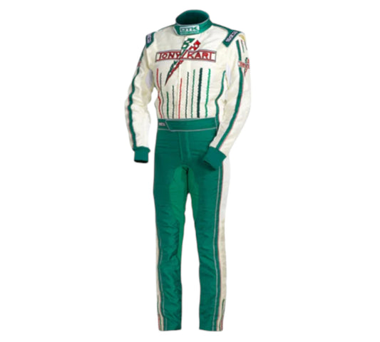 Racing suit with visible branding on a white background