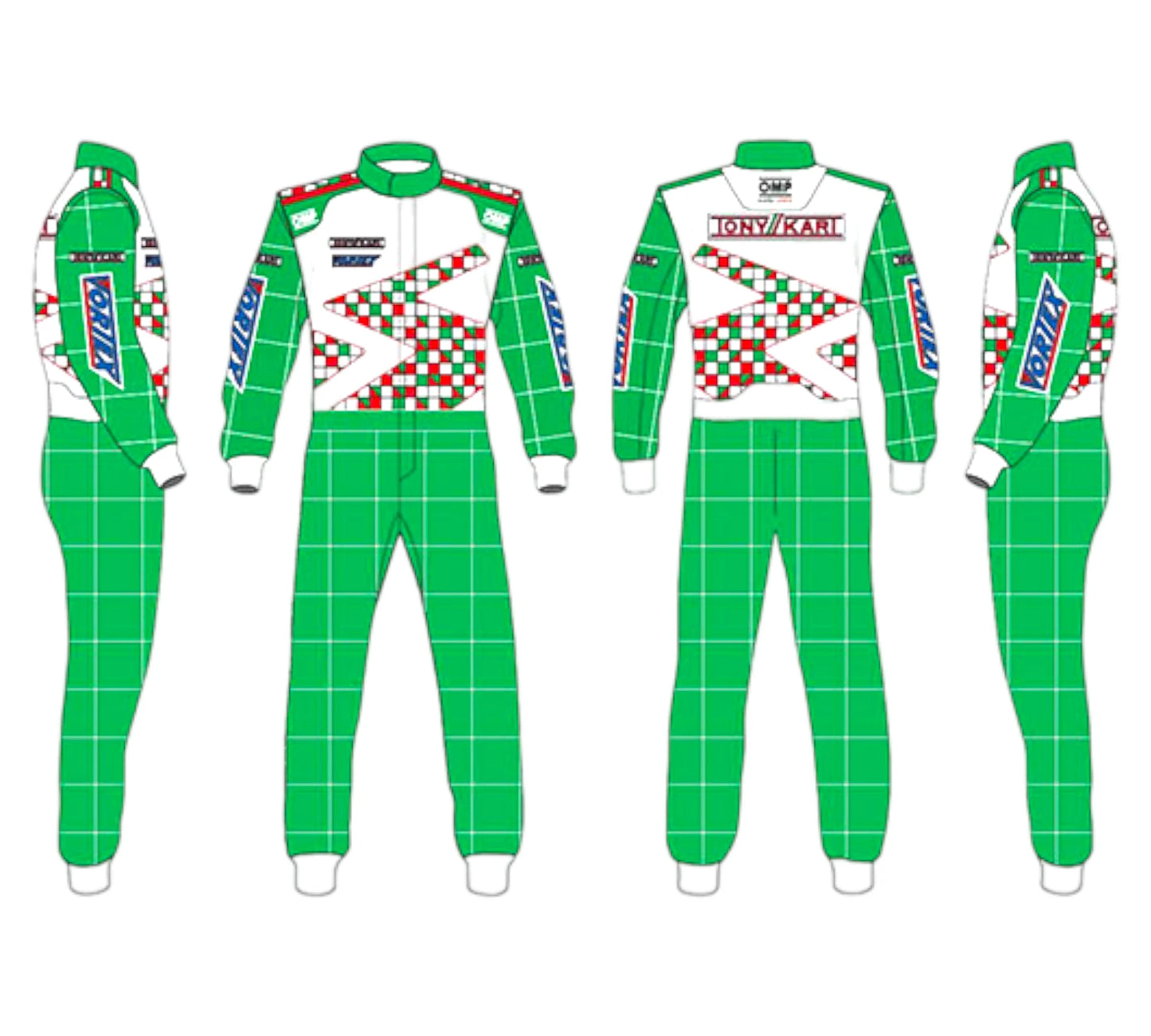 Green and white racing suit with checkered pattern on a white background