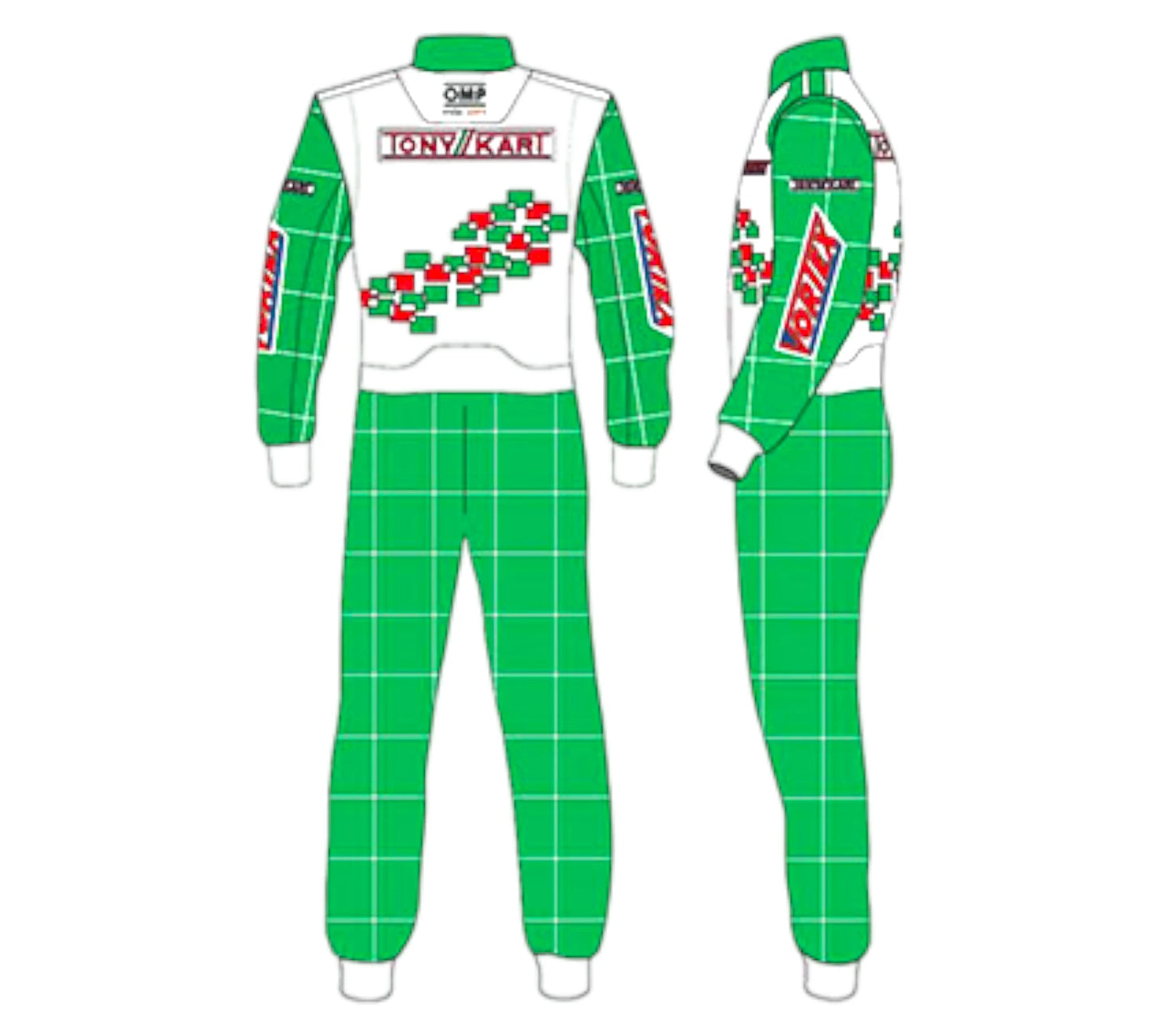 Green and white racing suit with brand logos on a white background