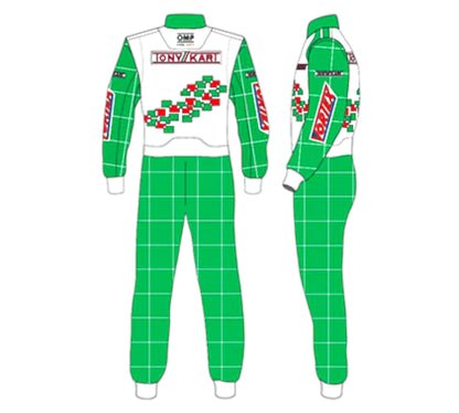 Green and white racing suit with brand logos on a white background