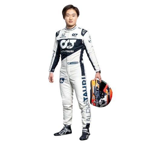 Person wearing a racing suit with visible branding on a white background
