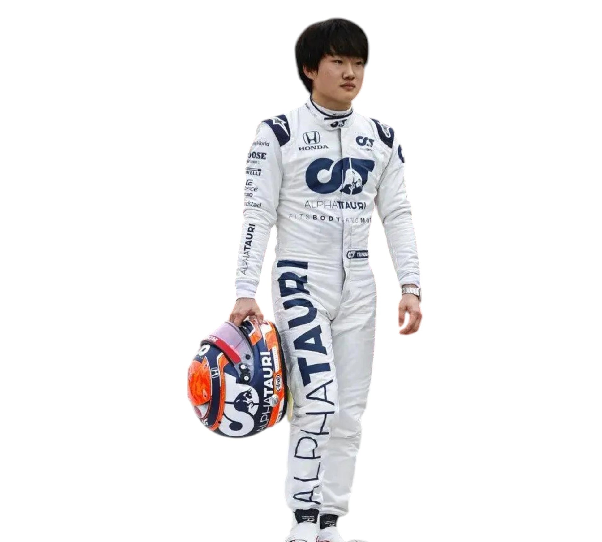 Person in a white racing suit holding a helmet on a white background