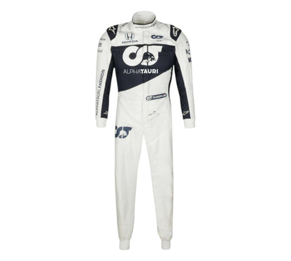 White racing suit with AlphaTauri branding on a white background