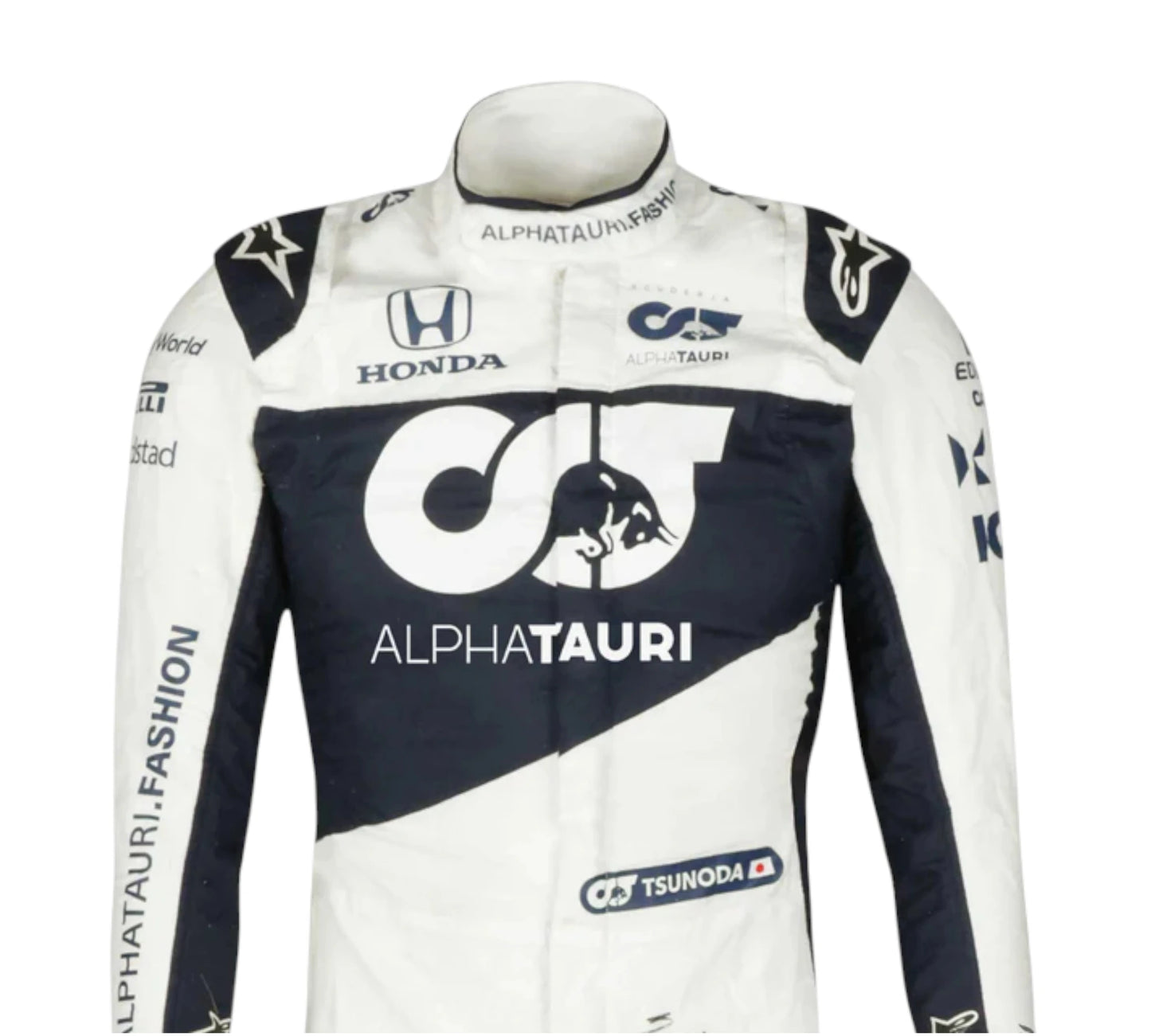 Racing suit with AlphaTauri, Honda, and Tsunoda branding on a white background
