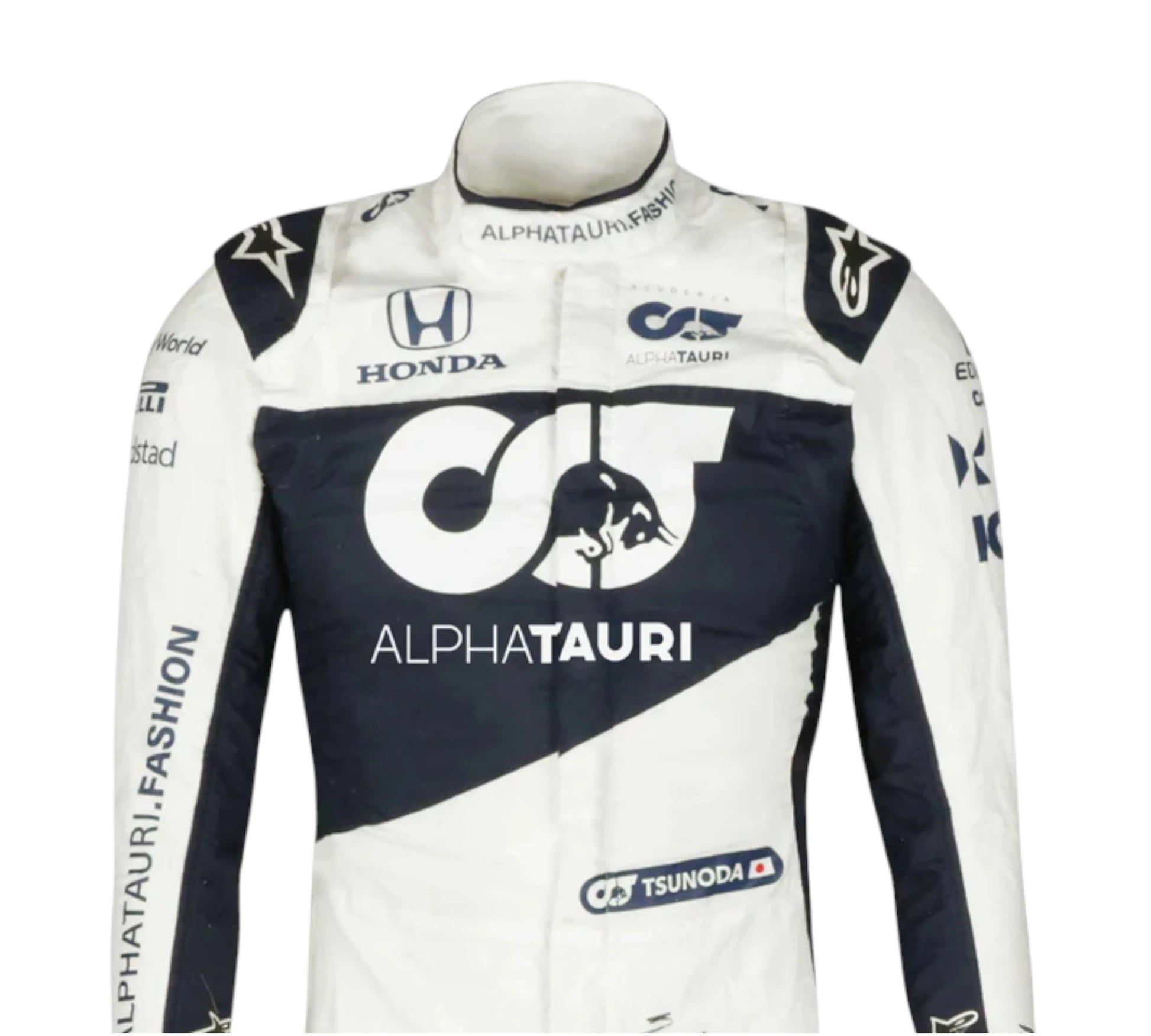 Racing suit with AlphaTauri, Honda, and Tsunoda branding on a white background