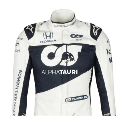 Racing suit with AlphaTauri, Honda, and Tsunoda branding on a white background