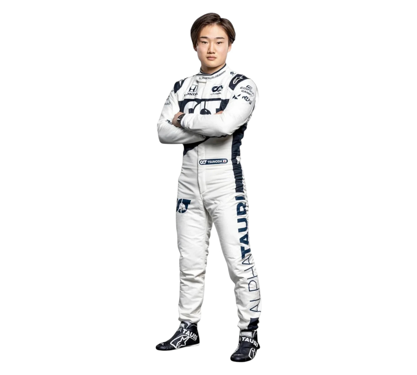 Person wearing a white racing suit with visible branding on a white background