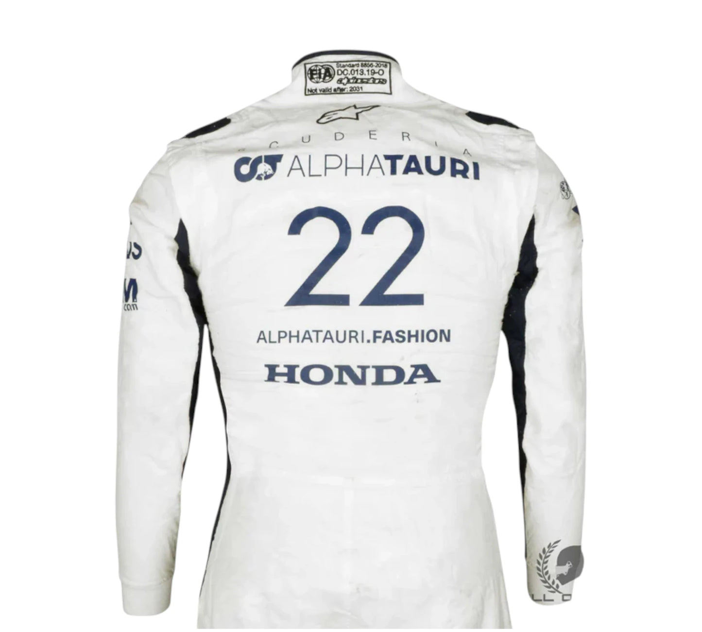 White racing suit with AlphaTauri, Honda, and other branding on a white background