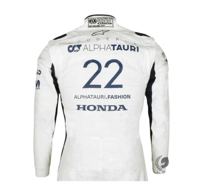 White racing suit with AlphaTauri, Honda, and other branding on a white background