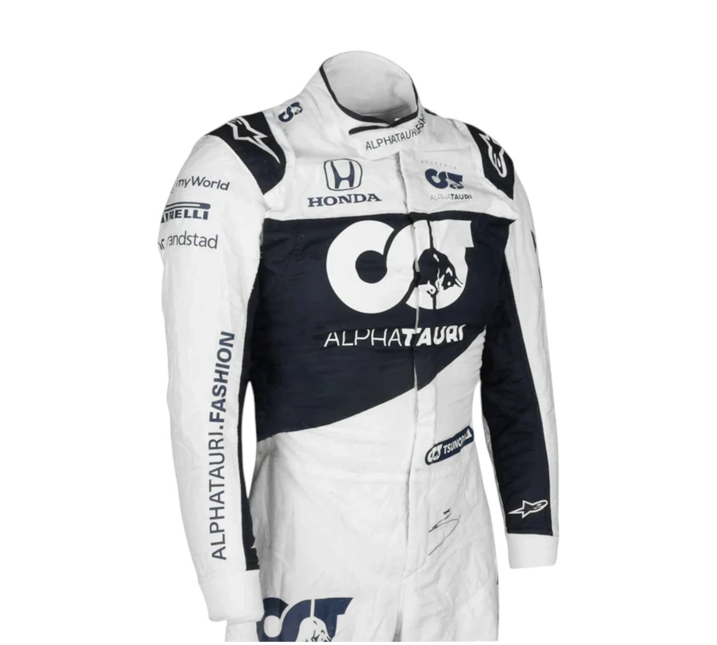 Racing suit with multiple brand logos on a white background