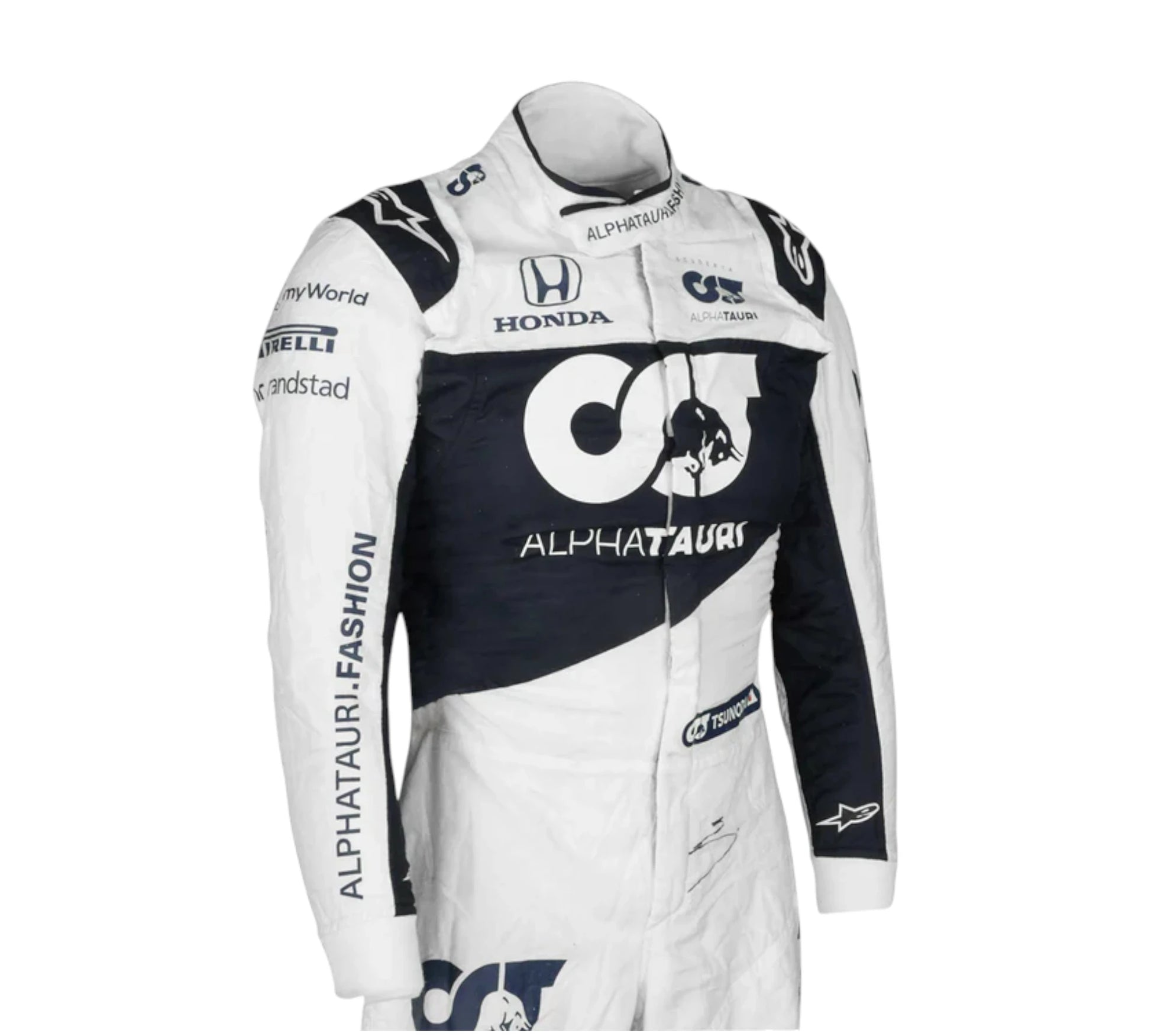 Racing suit with multiple brand logos on a white background
