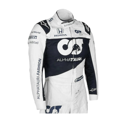 Racing suit with multiple brand logos on a white background