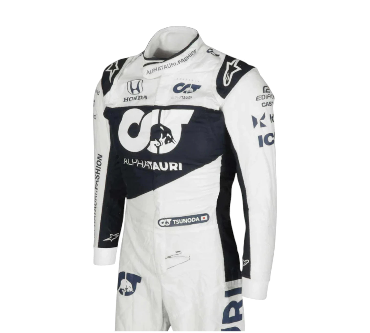 White and black racing suit with various sponsor logos on a white background
