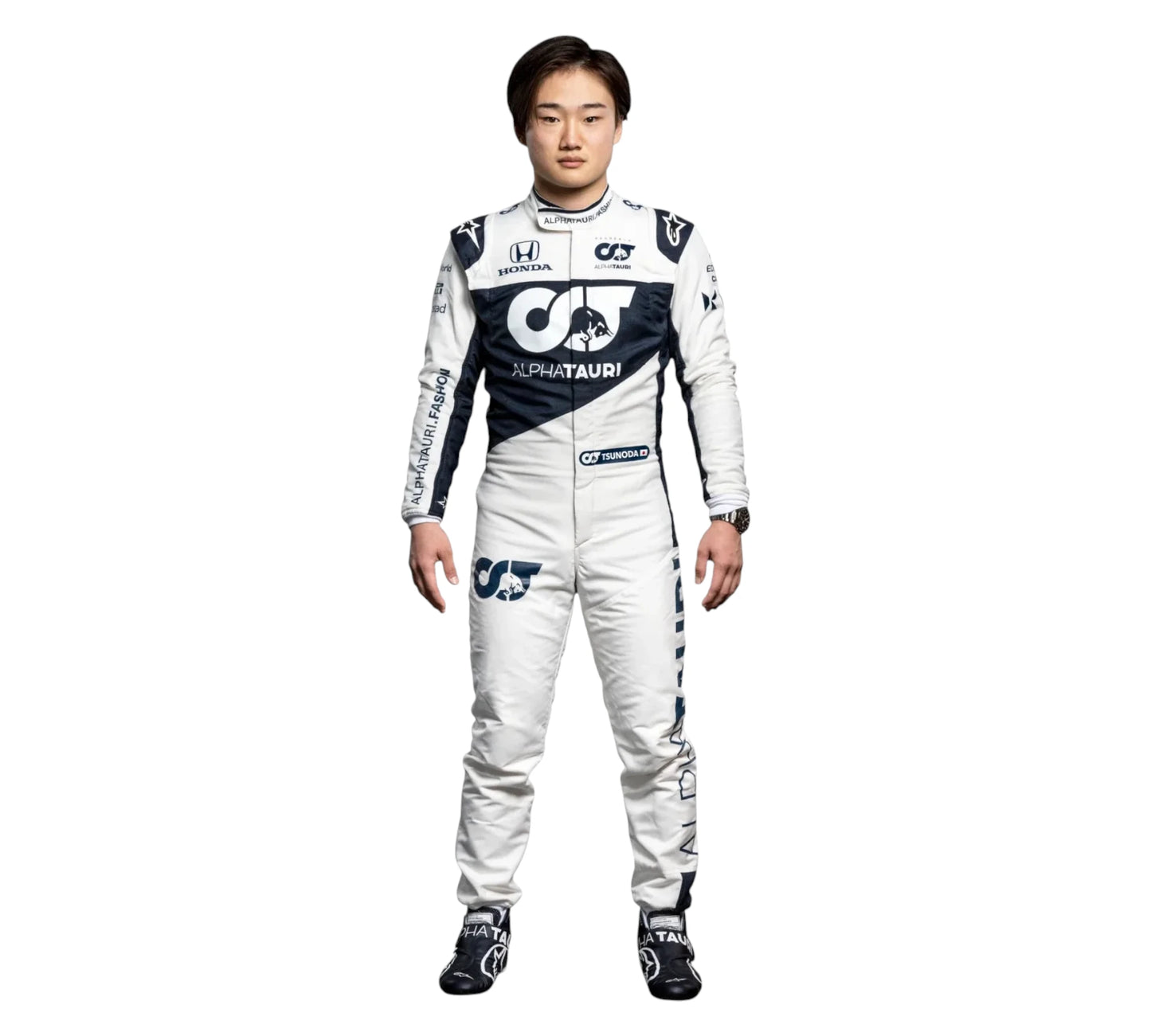 Person wearing a white racing suit with sponsor logos on a white background