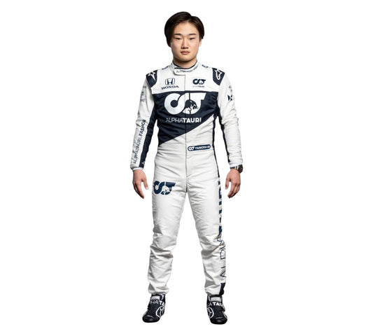 Person wearing a white racing suit with sponsor logos on a white background